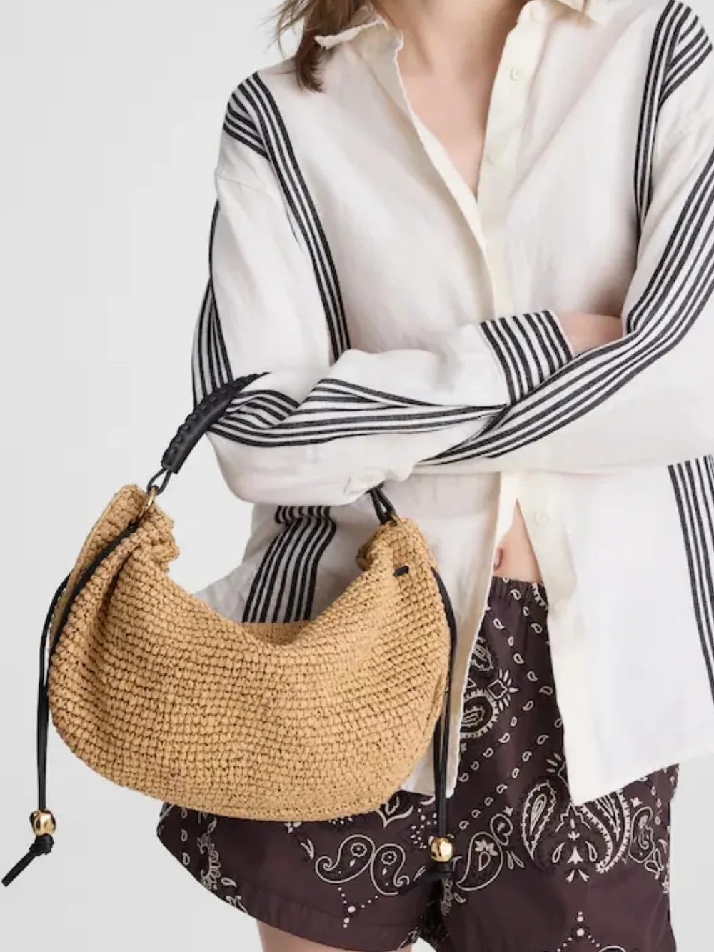 Madewell The Camren Gathered Shoulder Bag in Natural Straw and Leather Trim - Picture 3 of 16